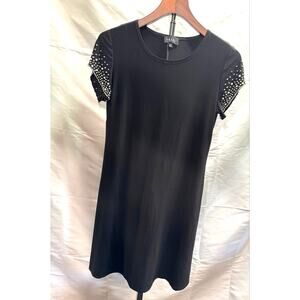 Nichole Miller Women’s S Black Knit Dress, Cap Sleeves Pearl Rhinestones LBD